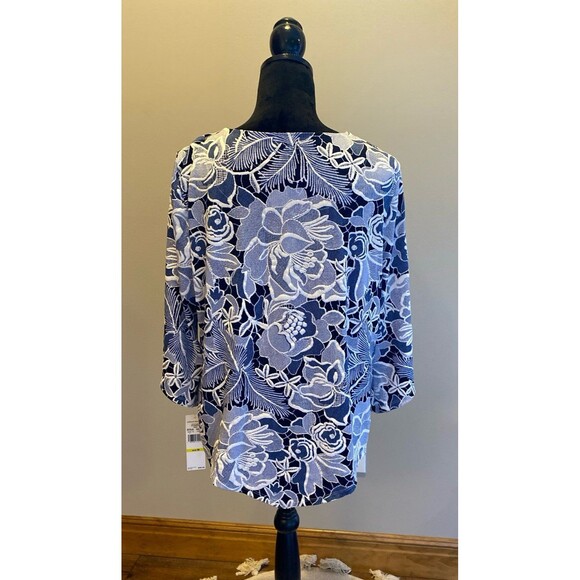 Alfred Dunner Blouse NEW Top Blue & White Pattern size Medium 3/4 Sleeve Dressy - Picture 6 of 12